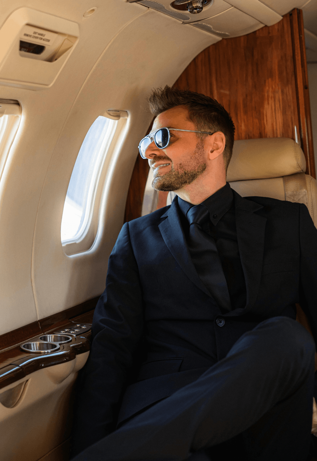 Traveler in business jet, ready to arrive